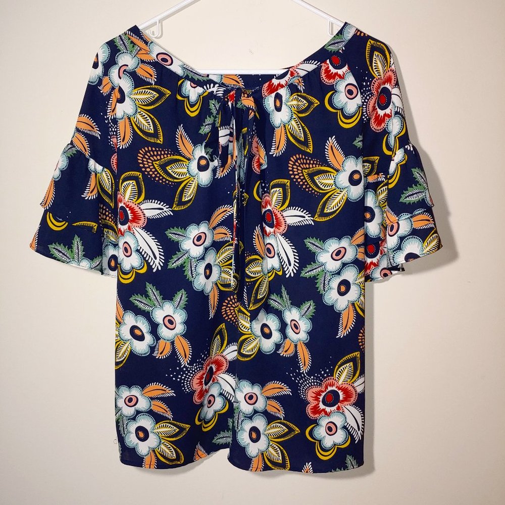 Loft Tie Back Ruffle Short Bell Sleeve Floral Print Blouse Size M Navy B…